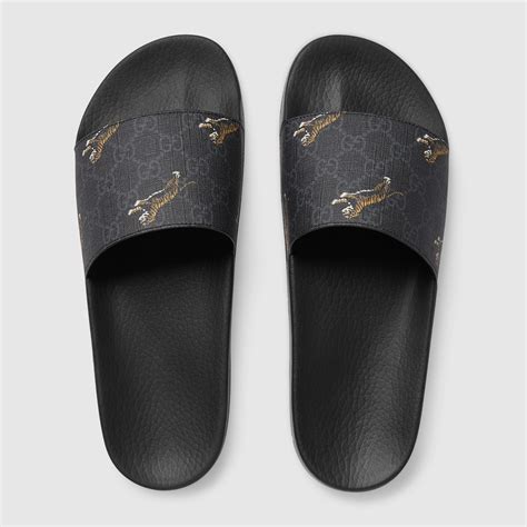 gucci black gg supreme pursuit sandals|gucci tiger slide goat.